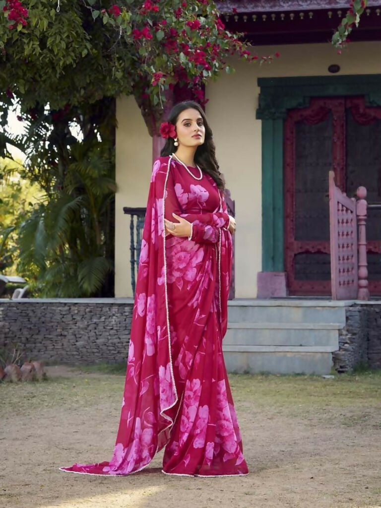 Vastranavya Pink Chiffon Floral Printed & Pearl Lace Border Saree with Unstitched Blouse