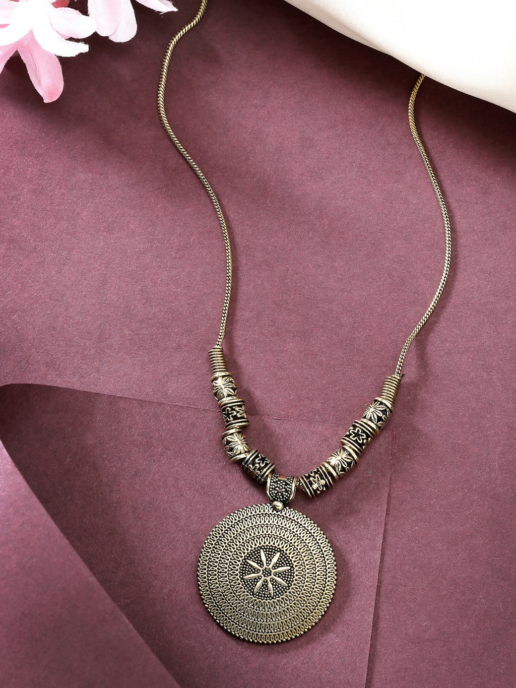 NVR Women's Gold-Polished Circular Shape Pendant with Chain