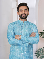 Anaita Sky Blue Digital Printed Work Cotton Straight Kurta