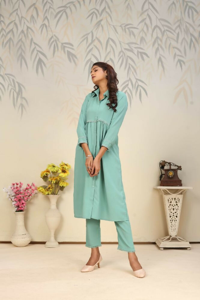 Jyoti Fashion Women's Sea Green Rinkal Cotton Plain with Side Pocket Kurtis & Sets
