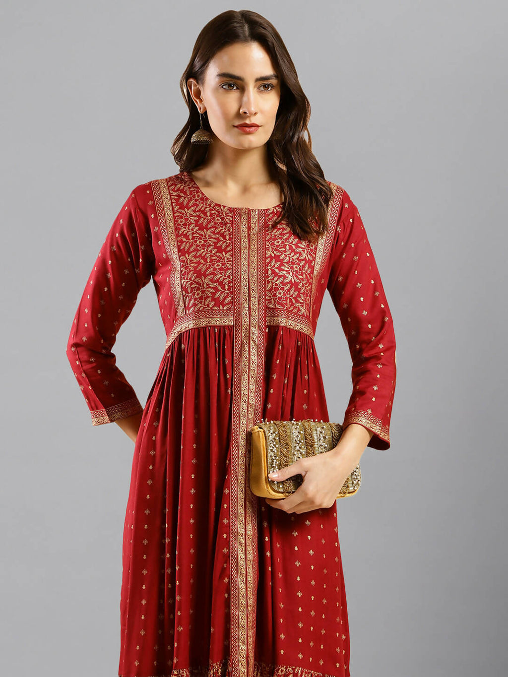 Maroon Viscose Rayon Ethnic Motifs Aline Dress - Poonam - Distacart