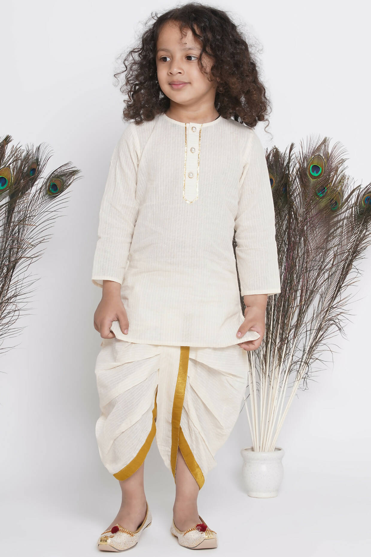 Little Bansi Banarsi Floral Embroidery Jacket Wth Cotton Kantha kurta And Kantha Dhoti - Cream