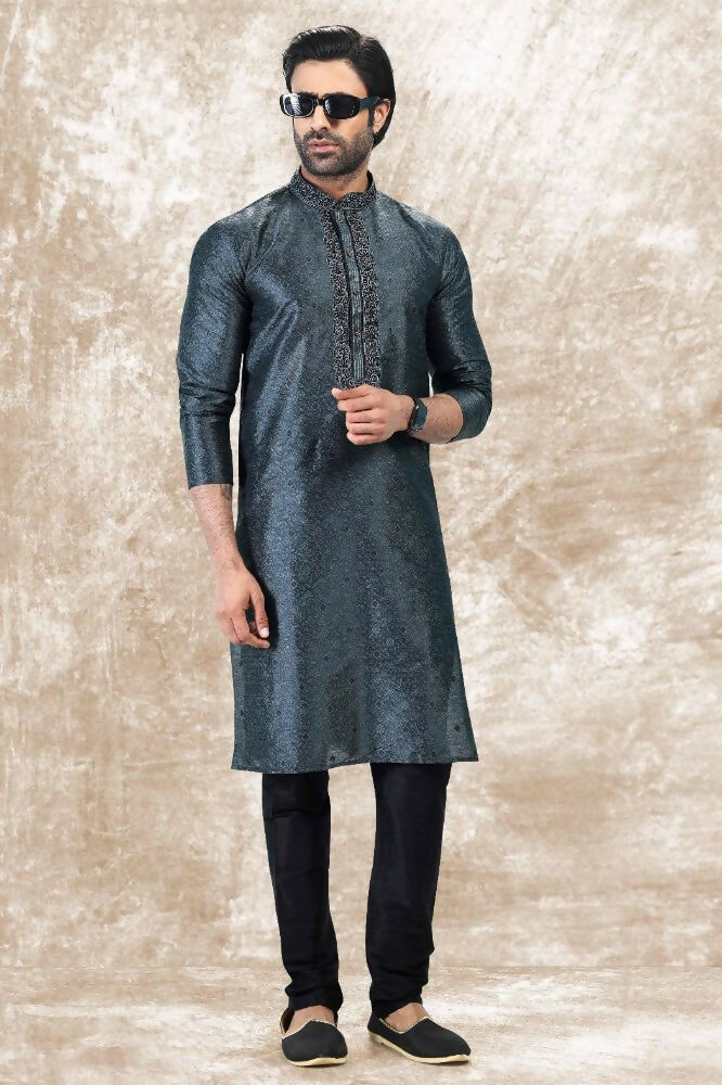 Raivat Ethnic Jacquard Silk Brocade Thread Work Kurta Pajama In Grey Colour