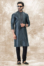 Raivat Ethnic Jacquard Silk Brocade Thread Work Kurta Pajama In Grey Colour