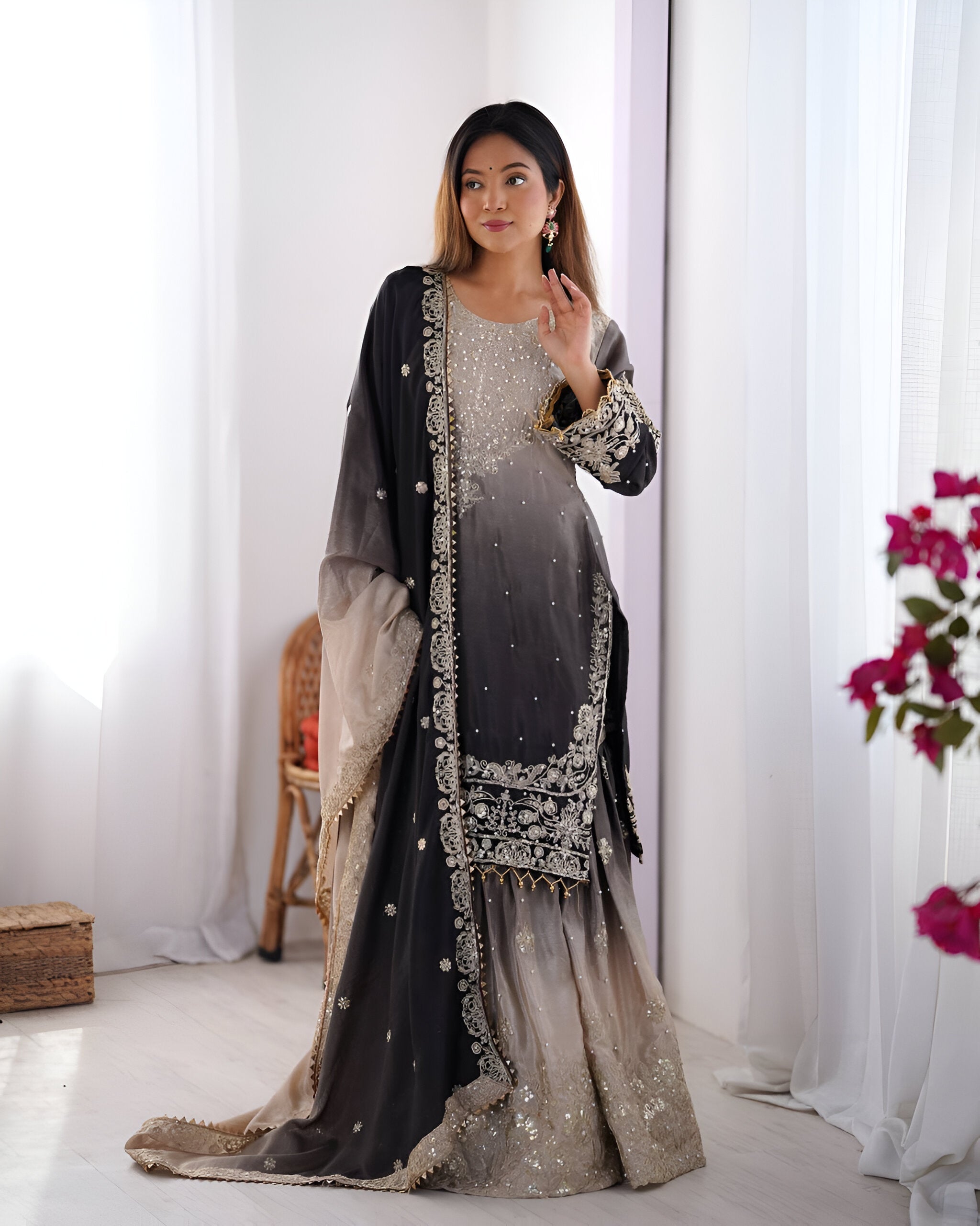 Lehenga Mart Designer Wedding Wear Palazzo Suit For Women - Grey