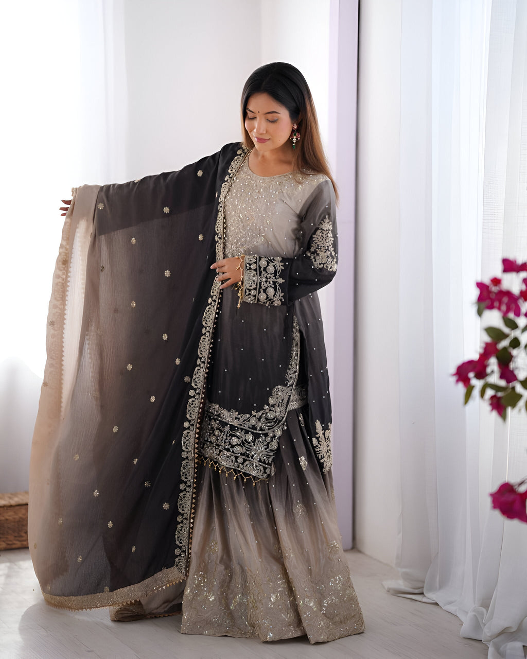 Lehenga Mart Designer Wedding Wear Palazzo Suit For Women - Grey