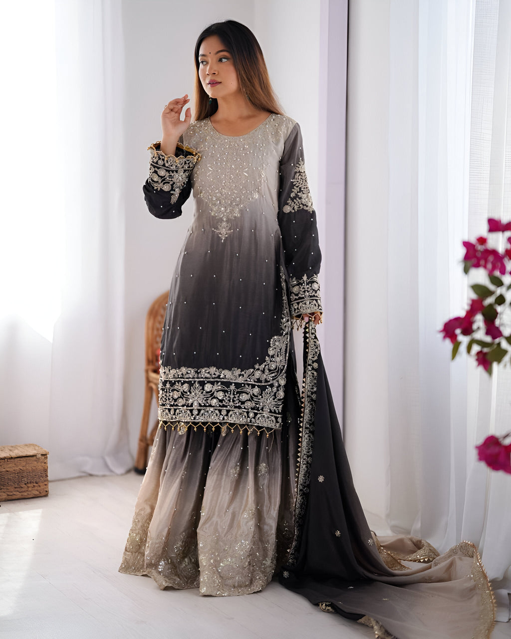 Lehenga Mart Designer Wedding Wear Palazzo Suit For Women - Grey