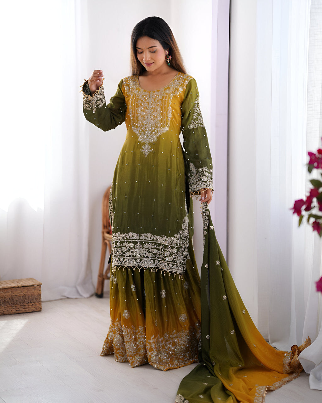 Lehenga Mart Designer Wedding Wear Palazzo Suit For Women - Mehndi