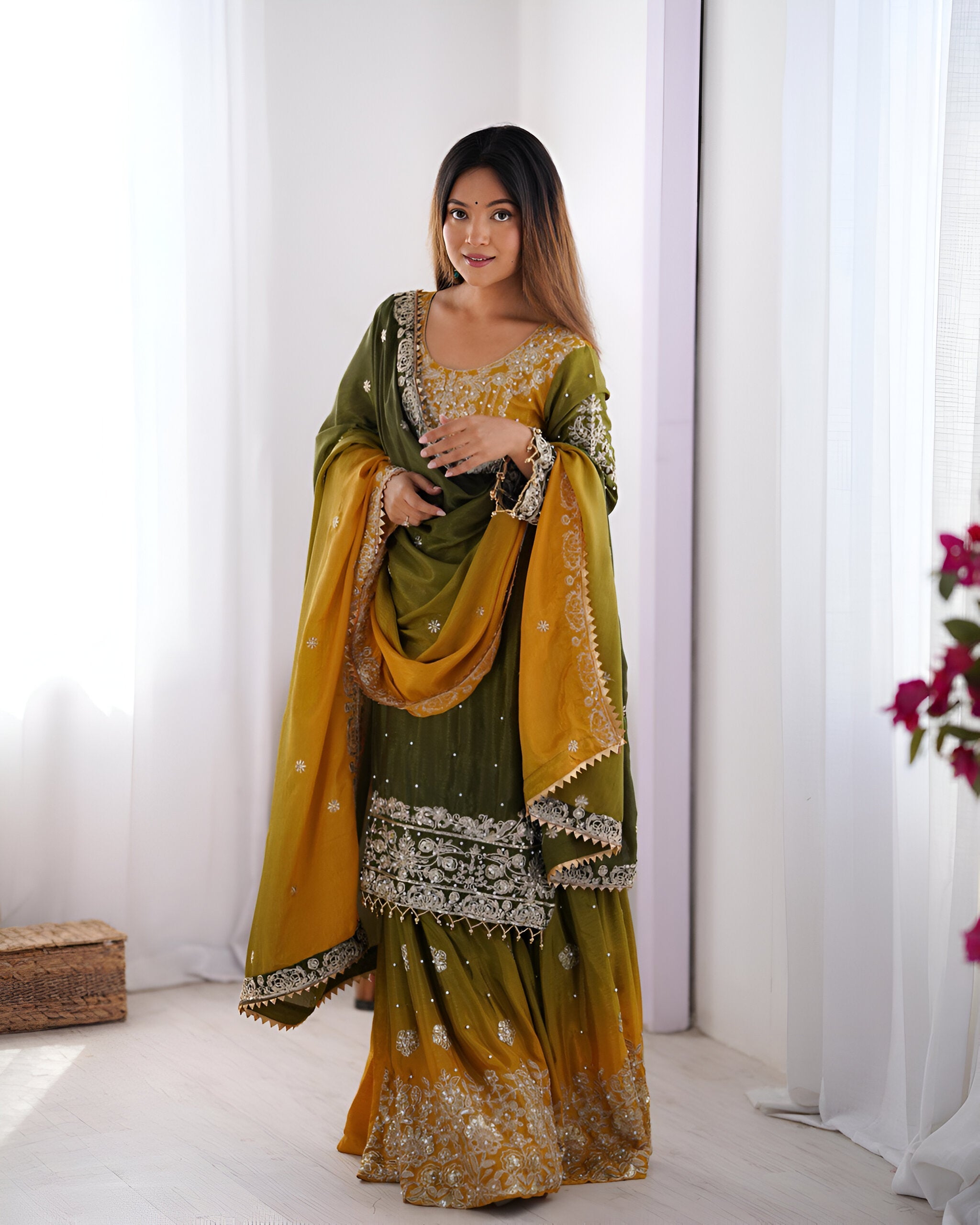 Lehenga Mart Designer Wedding Wear Palazzo Suit For Women - Mehndi