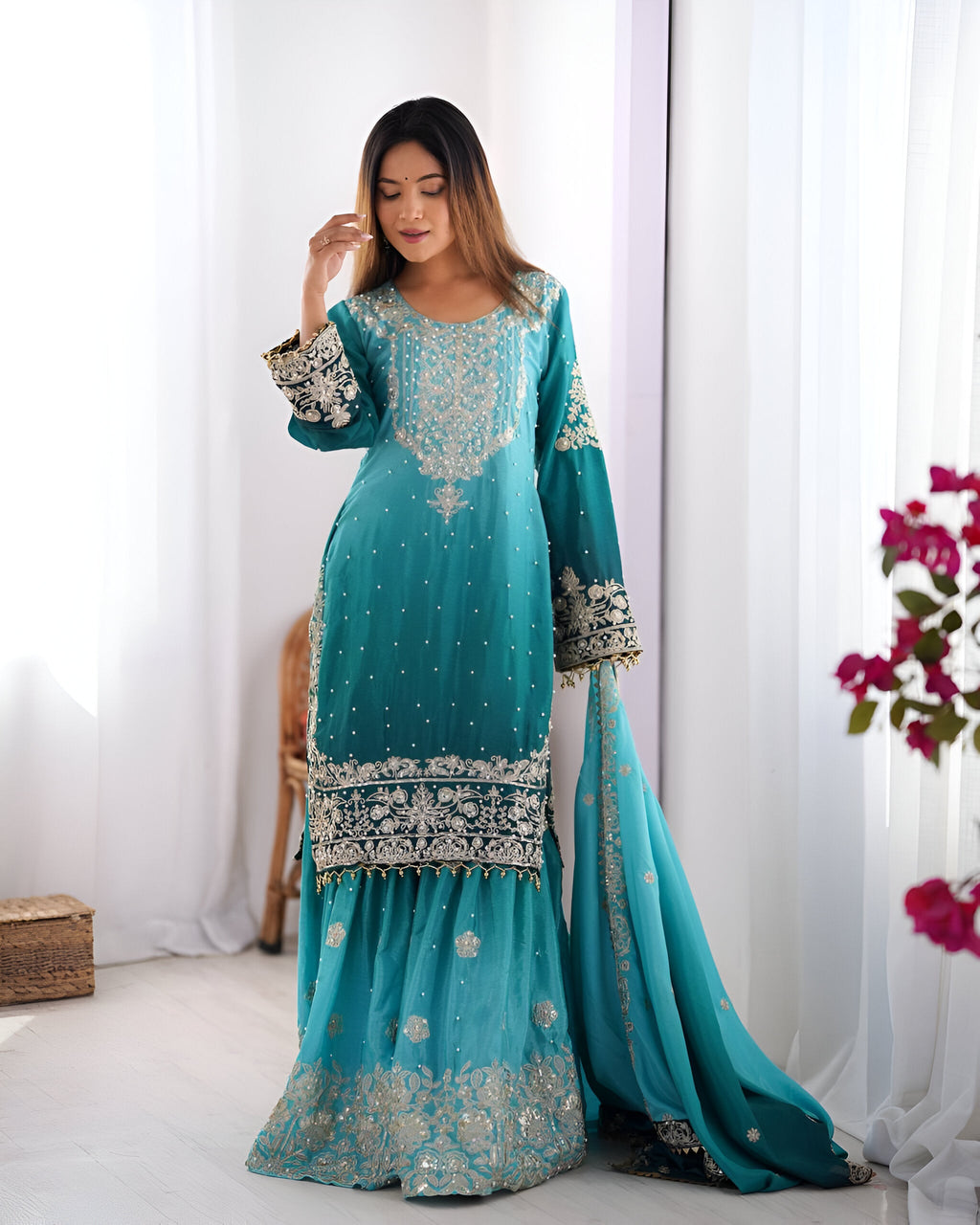 Lehenga Mart Designer Wedding Wear Palazzo Suit For Women - Sky Blue