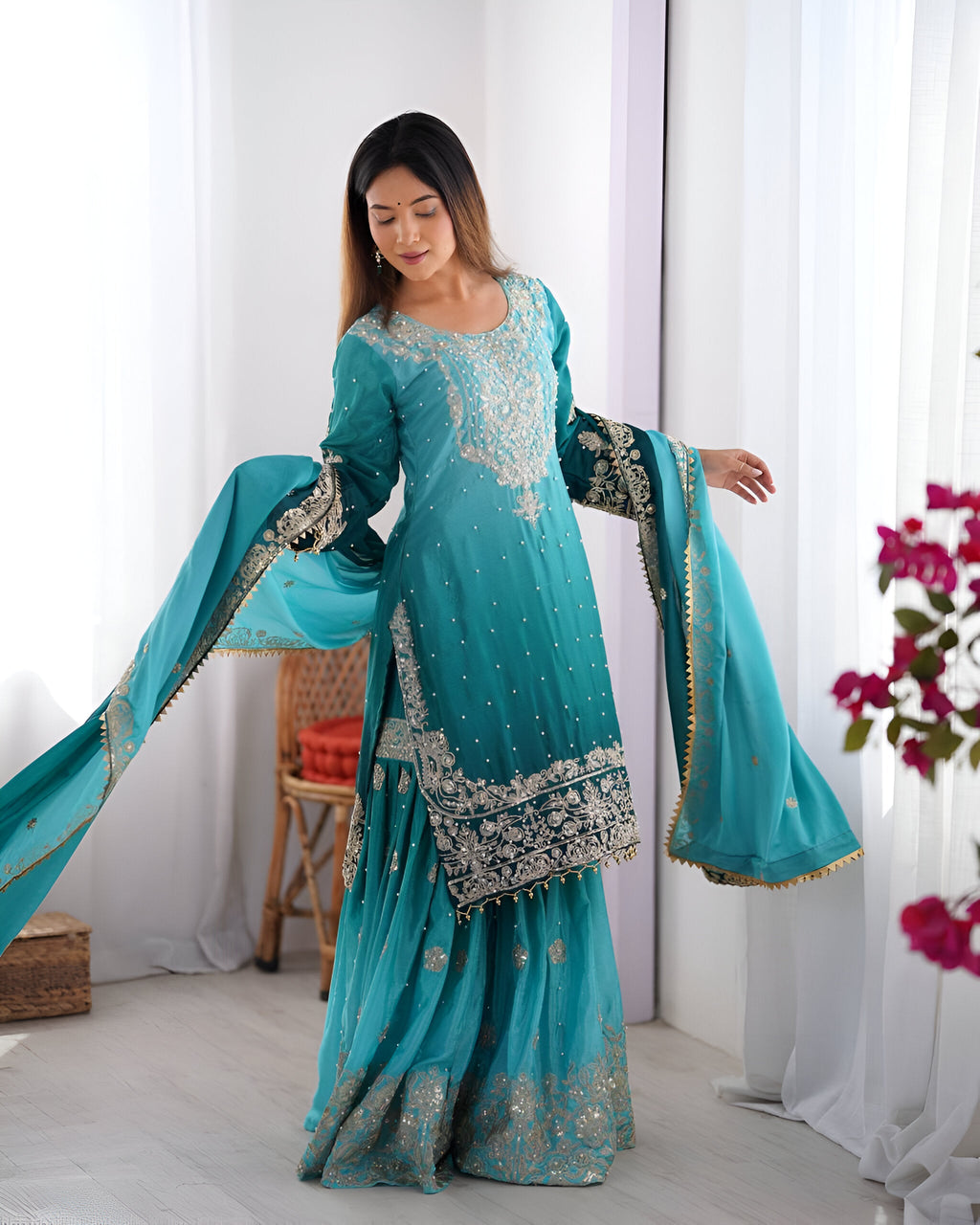 Lehenga Mart Designer Wedding Wear Palazzo Suit For Women - Sky Blue