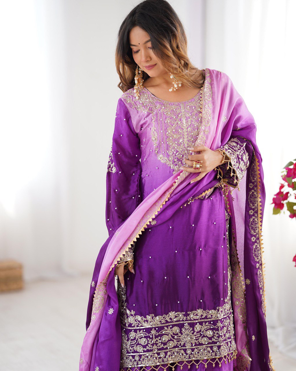 Prazu Fashion Lavender Chinon Silk Sequence With Rivet Moti Palazzo Suit - Distacart