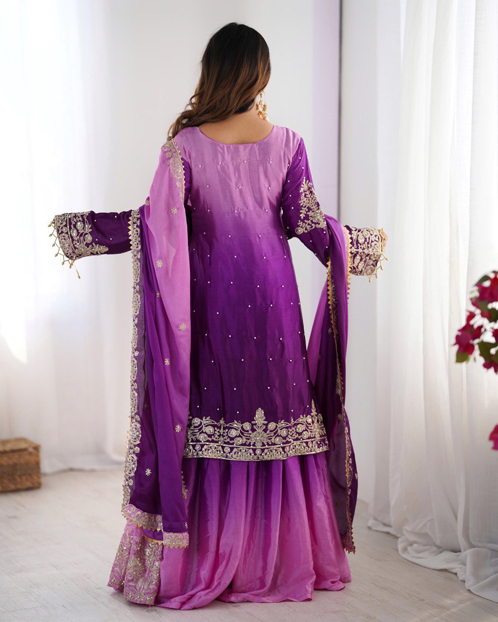 Prazu Fashion Lavender Chinon Silk Sequence With Rivet Moti Palazzo Suit - Distacart
