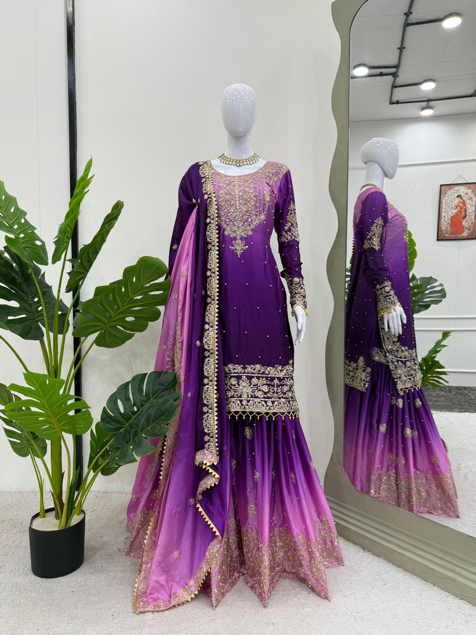 Prazu Fashion Lavender Chinon Silk Sequence With Rivet Moti Palazzo Suit - Distacart