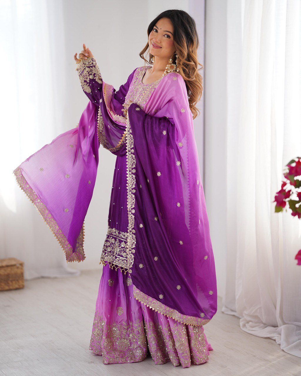Prazu Fashion Lavender Chinon Silk Sequence With Rivet Moti Palazzo Suit - Distacart