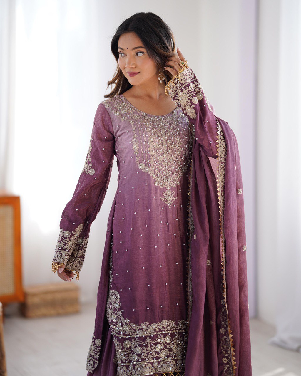 Prazu Fashion Onion Pink Chinon Silk Sequence With Rivet Moti Palazzo Suit - Distacart