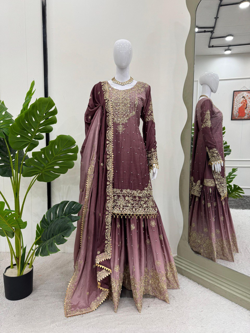 Prazu Fashion Onion Pink Chinon Silk Sequence With Rivet Moti Palazzo Suit - Distacart