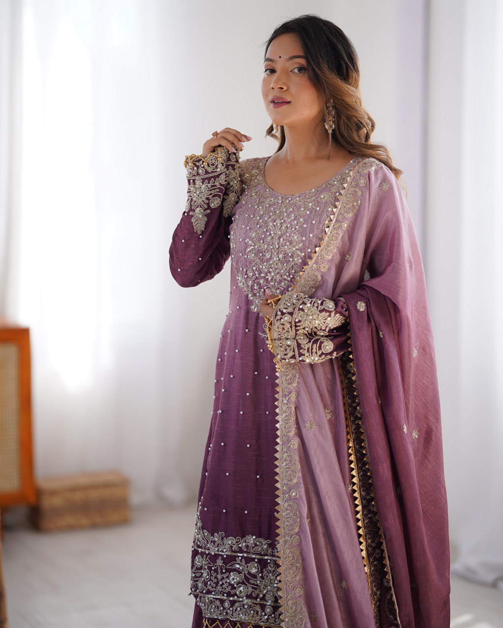 Prazu Fashion Onion Pink Chinon Silk Sequence With Rivet Moti Palazzo Suit - Distacart