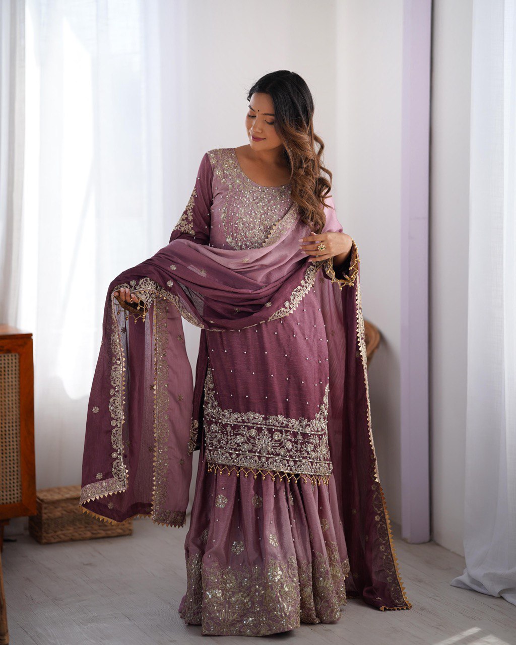 Prazu Fashion Onion Pink Chinon Silk Sequence With Rivet Moti Palazzo Suit - Distacart