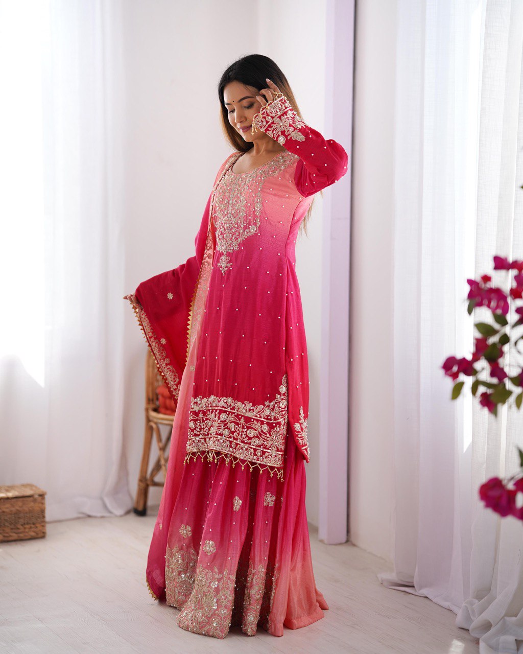 Prazu Fashion Pink Chinon Silk Sequence With Rivet Moti Palazzo Suit - Distacart