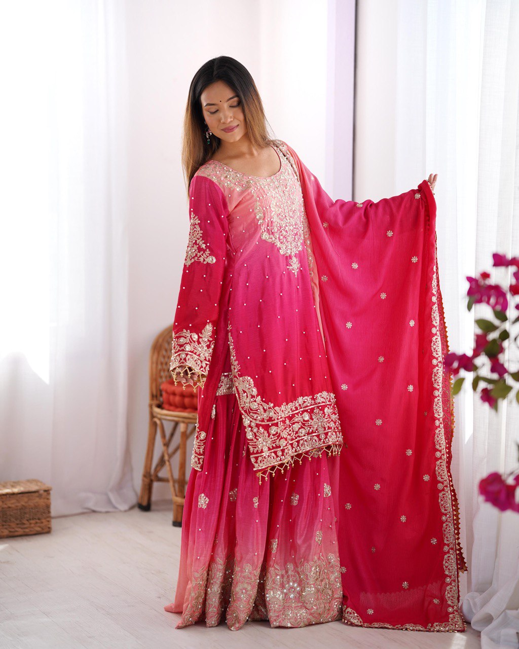Prazu Fashion Pink Chinon Silk Sequence With Rivet Moti Palazzo Suit - Distacart