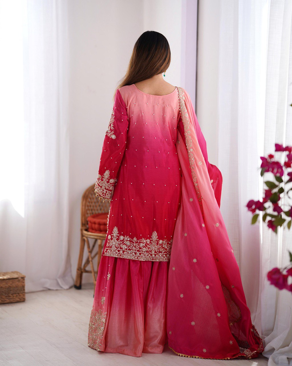 Prazu Fashion Pink Chinon Silk Sequence With Rivet Moti Palazzo Suit - Distacart