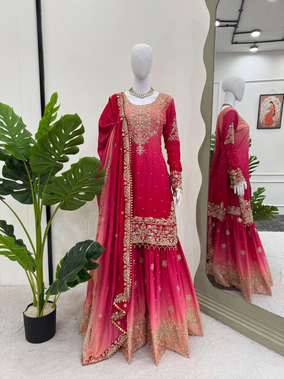 Prazu Fashion Pink Chinon Silk Sequence With Rivet Moti Palazzo Suit - Distacart