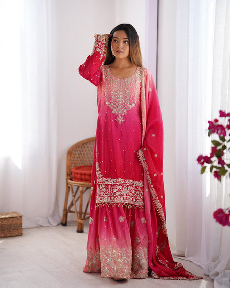 Prazu Fashion Pink Chinon Silk Sequence With Rivet Moti Palazzo Suit