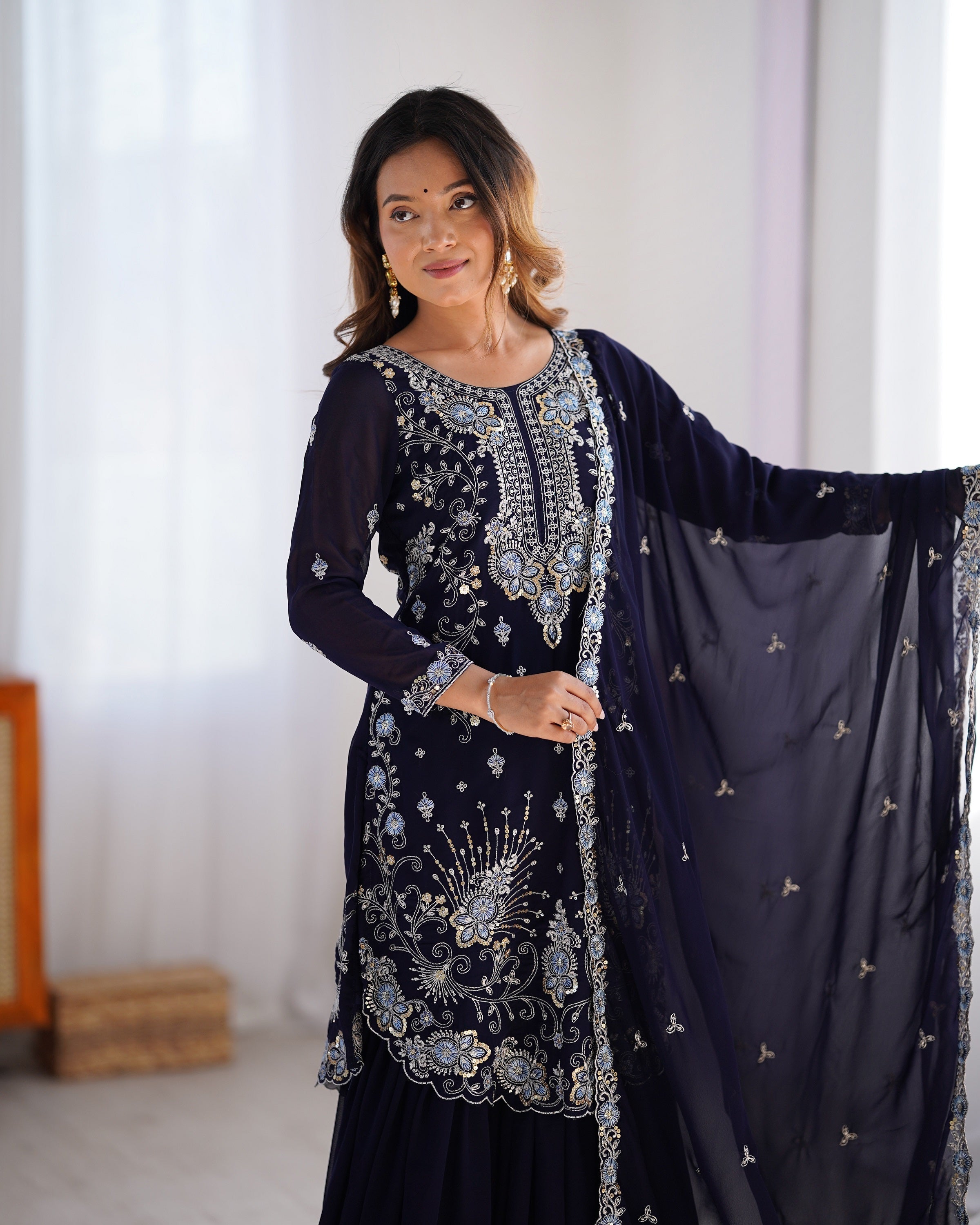 Lehenga Mart Navy Blue Faux Georgette Gorgeous Sharara Suit For Wedding Wear - Distacart