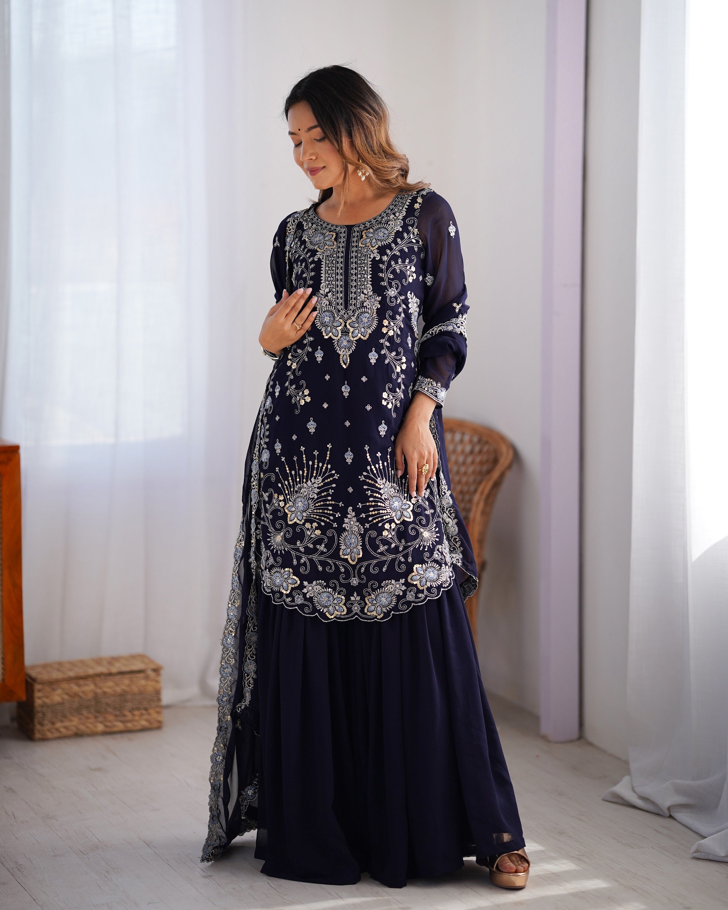 Lehenga Mart Navy Blue Faux Georgette Gorgeous Sharara Suit For Wedding Wear - Distacart