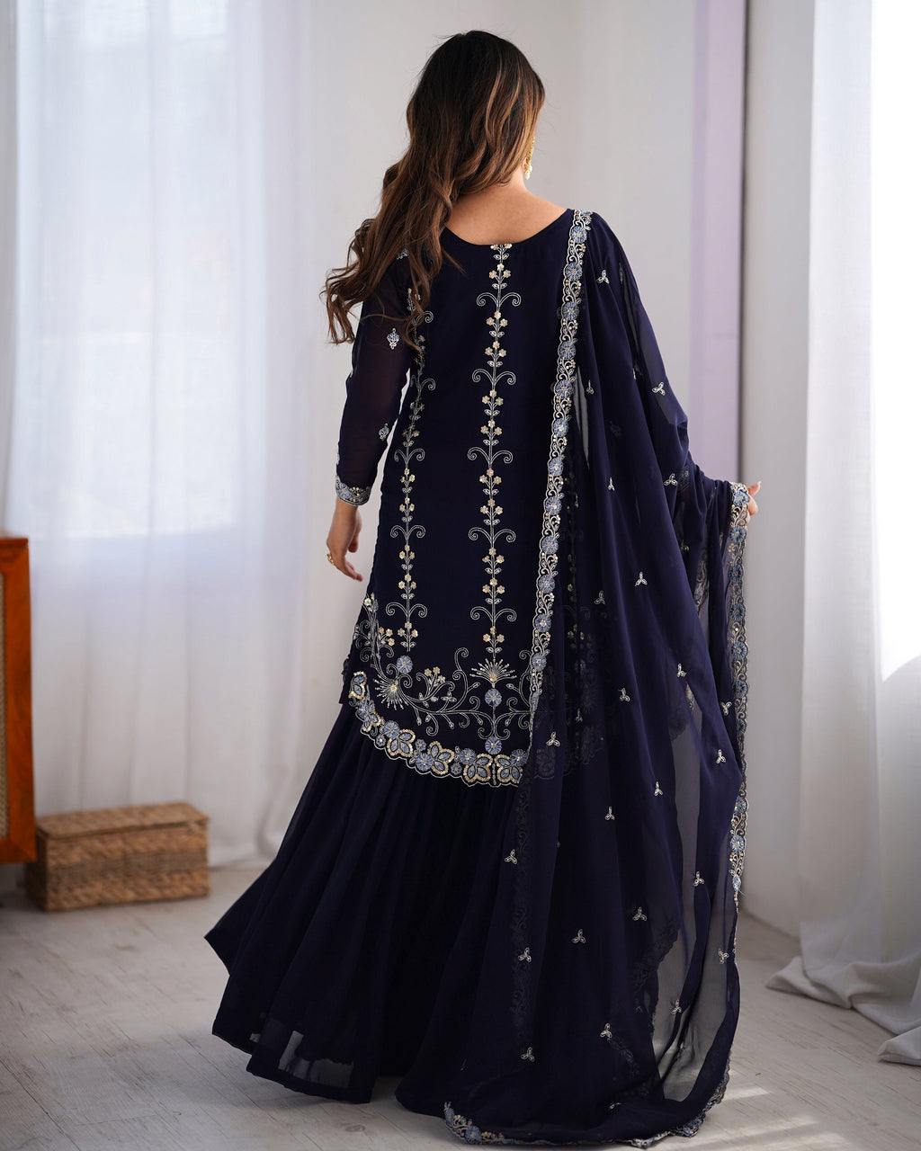 Lehenga Mart Navy Blue Faux Georgette Gorgeous Sharara Suit For Wedding Wear - Distacart