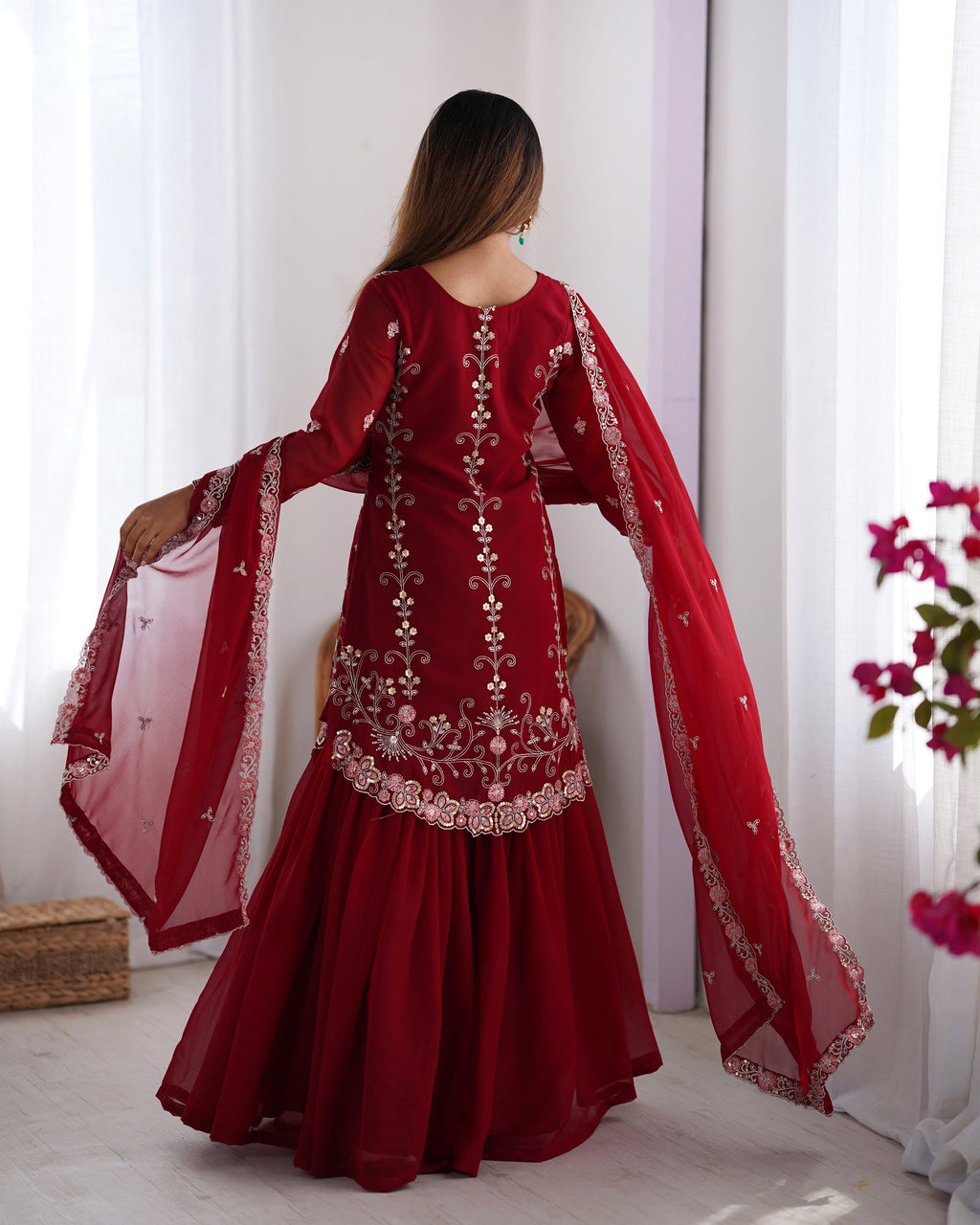 Lehenga Mart Red Faux Georgette Gorgeous Sharara Suit For Wedding Wear - Distacart