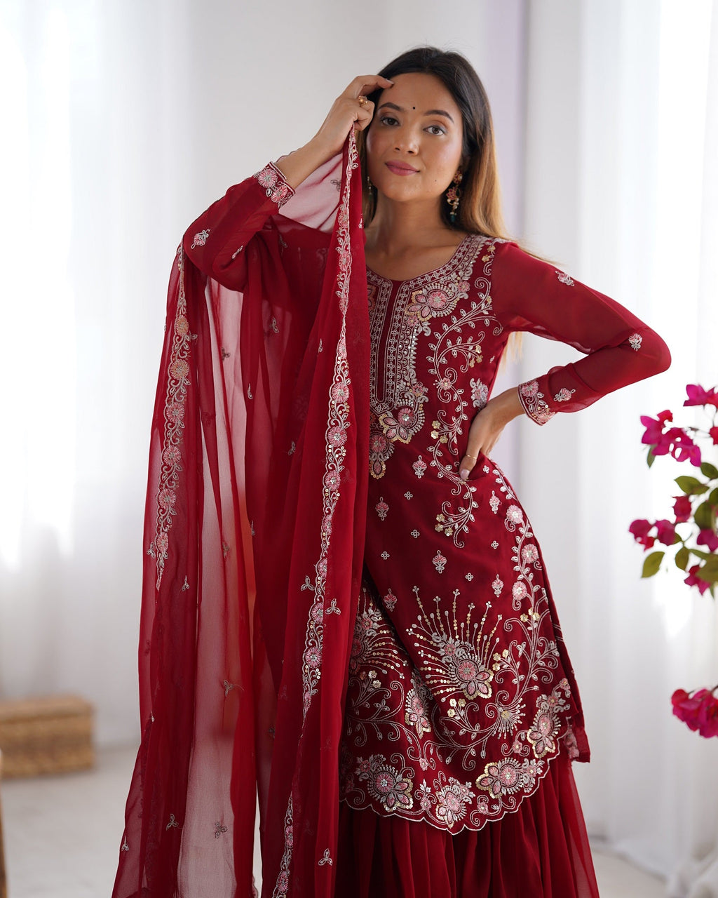 Lehenga Mart Red Faux Georgette Gorgeous Sharara Suit For Wedding Wear - Distacart