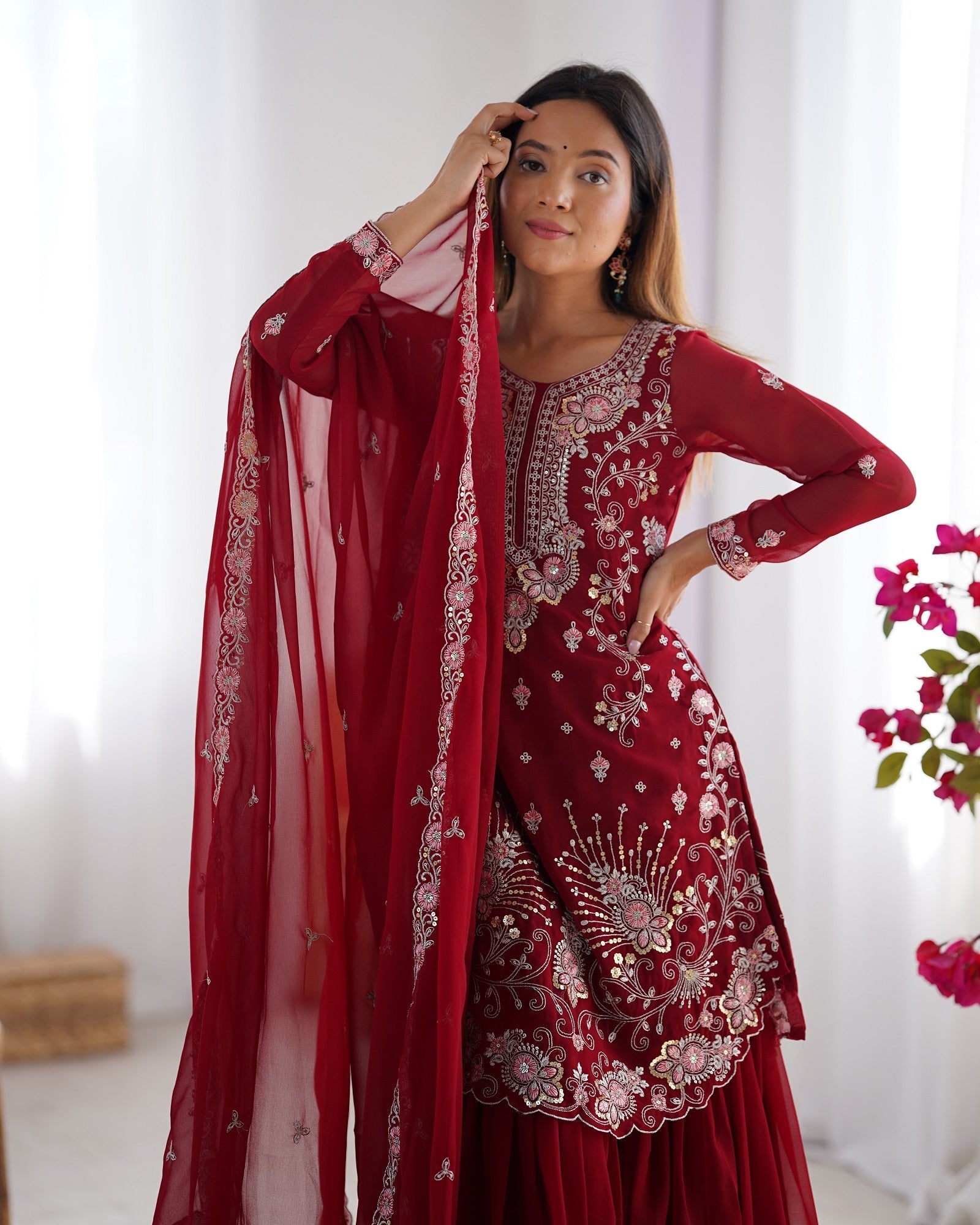 Lehenga Mart Red Faux Georgette Gorgeous Sharara Suit For Wedding Wear - Distacart