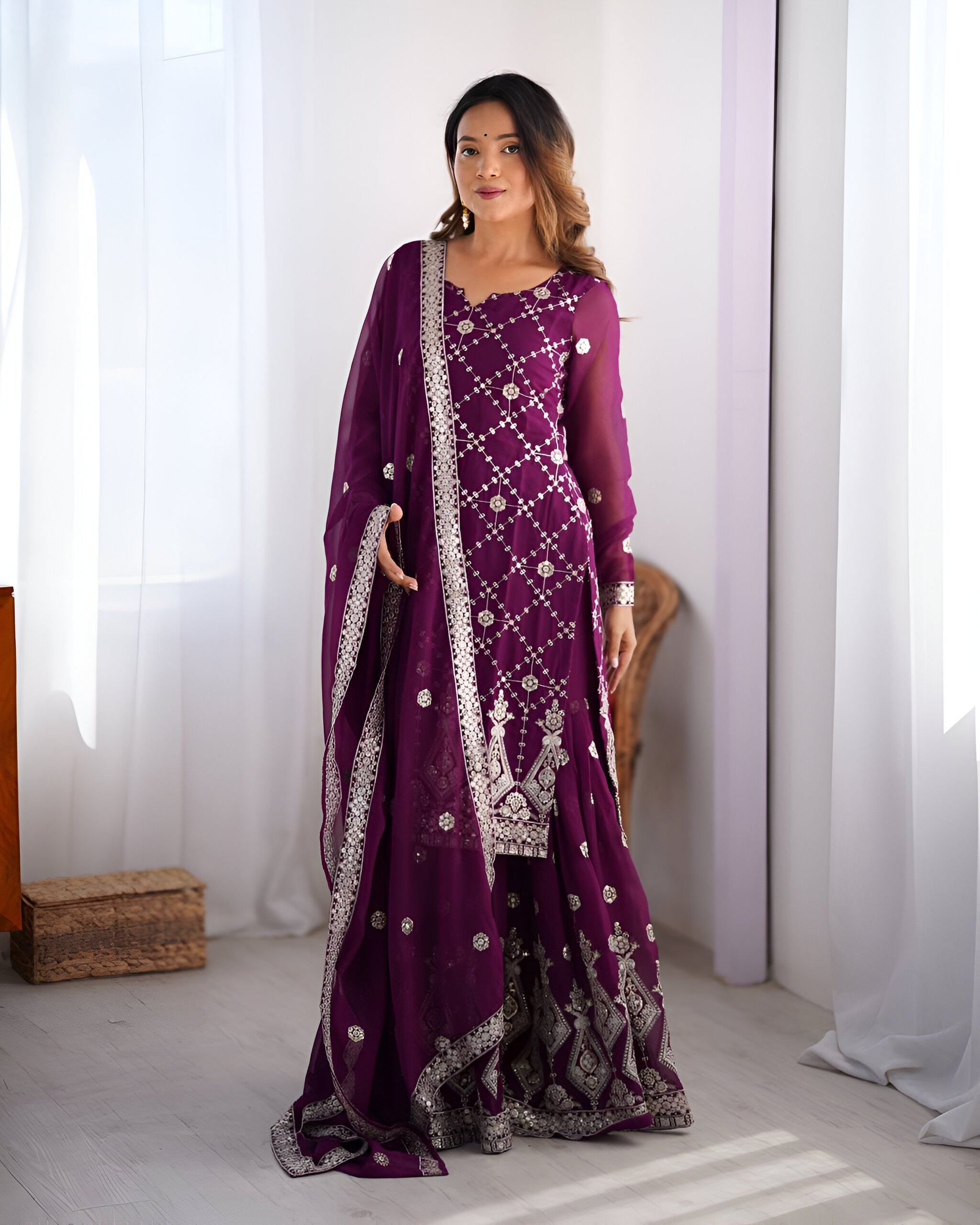 Lehenga Mart Designer Wedding Wear Plazzo Suit for Women - Purple
