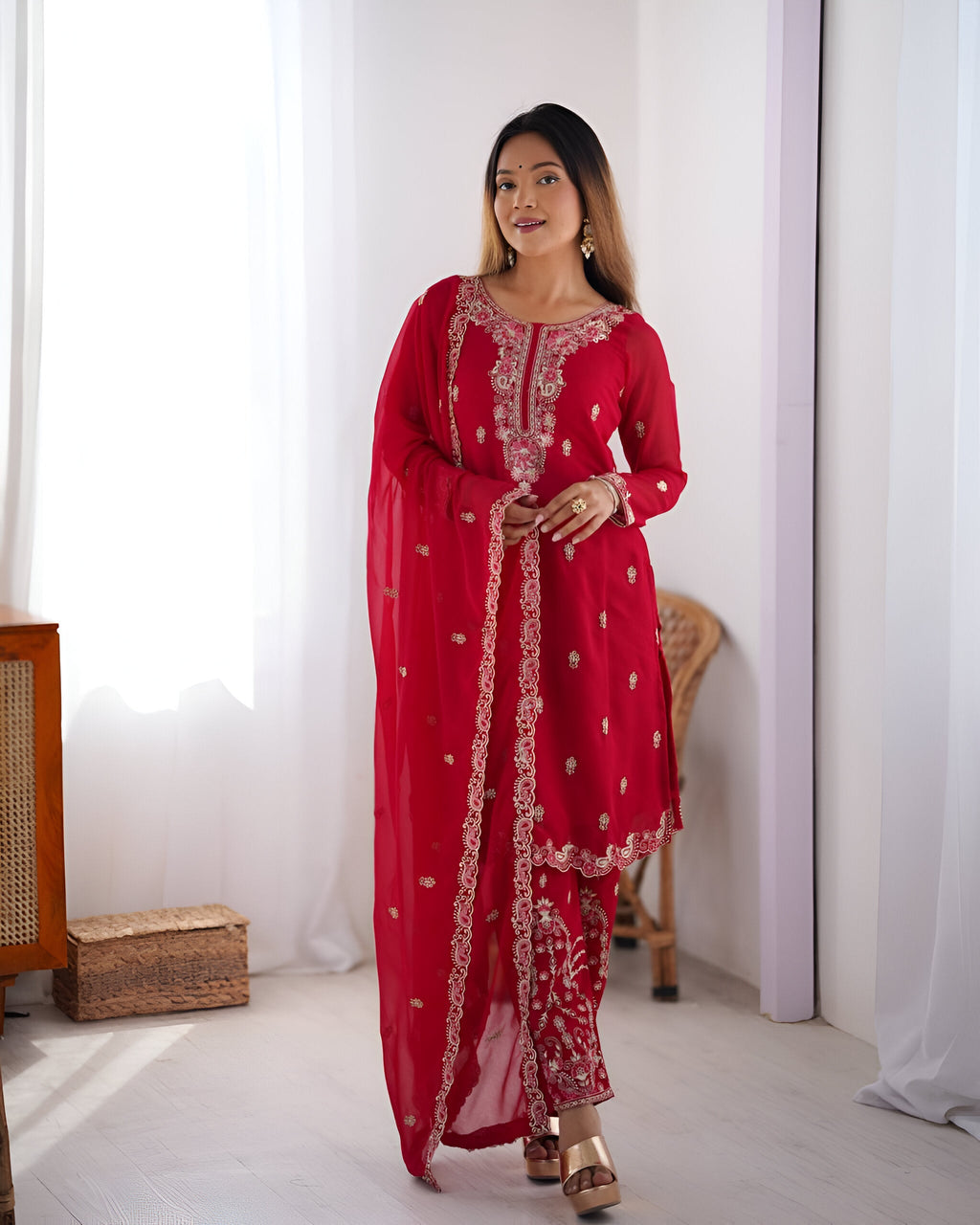 Lehenga Mart Designer Kurta Pant Dupatta - pink - Distacart