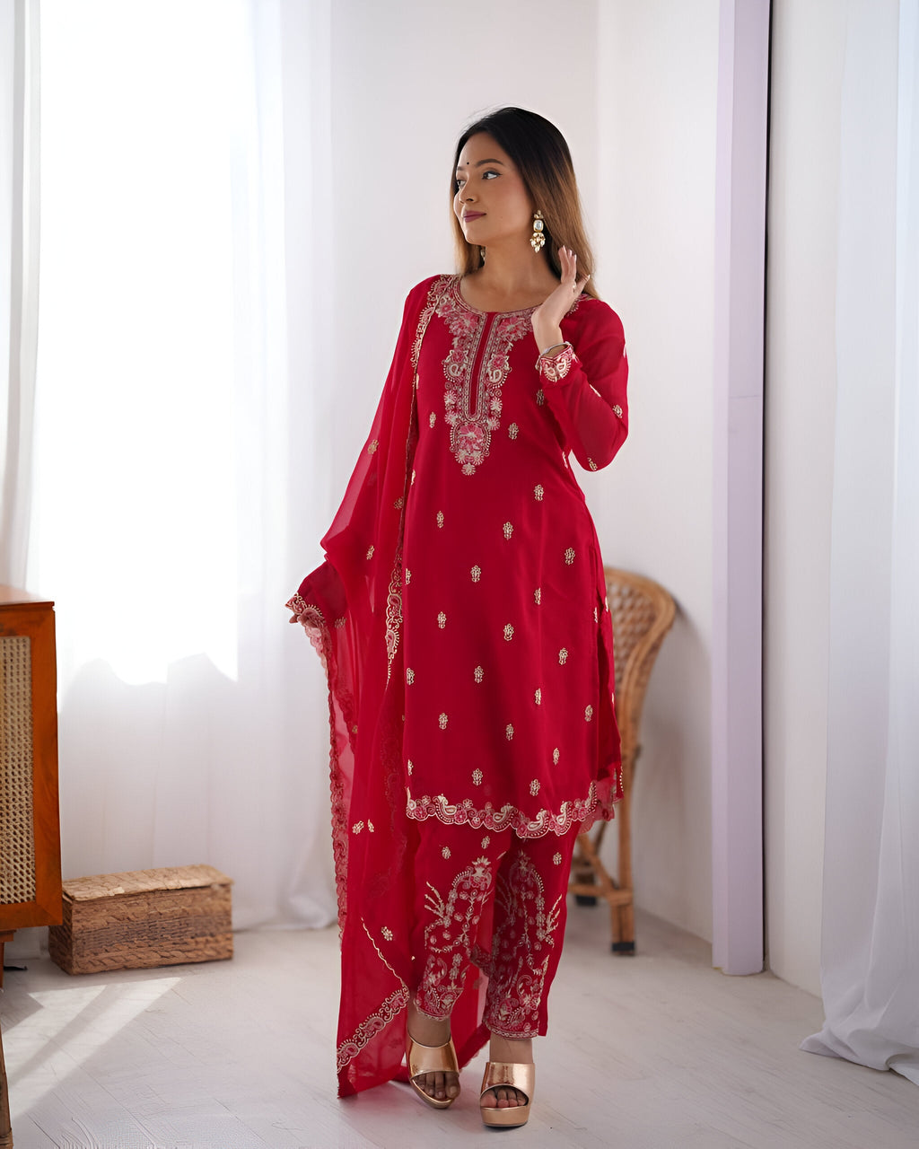 Lehenga Mart Designer Kurta Pant Dupatta - pink - Distacart