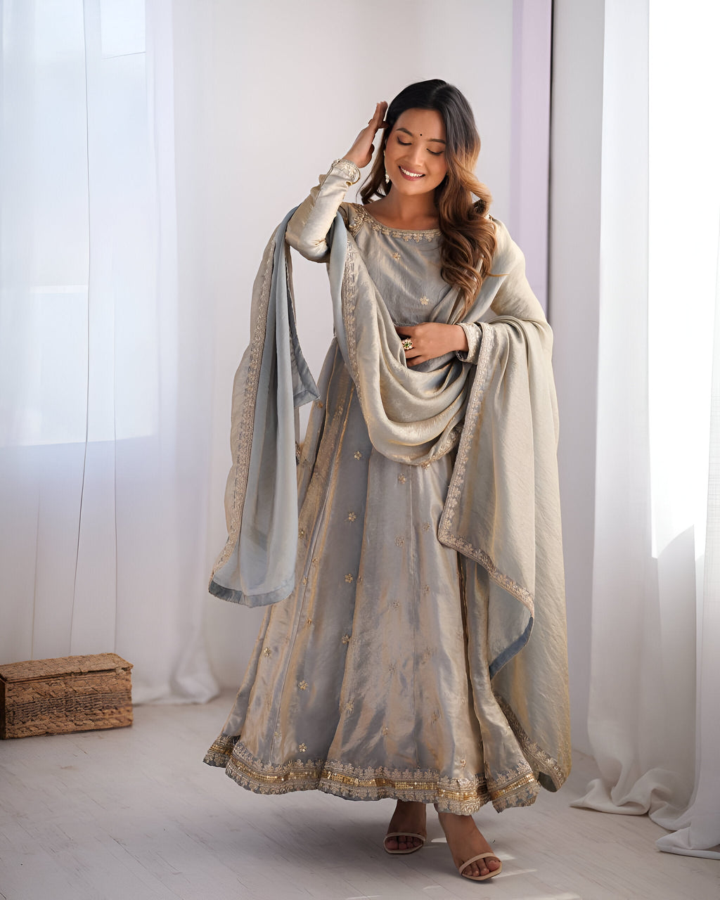 Lehenga Mart Wedding Wear Anarkali Gown With Dupatta - Grey