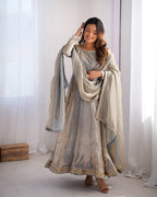 Lehenga Mart Wedding Wear Anarkali Gown With Dupatta - Grey