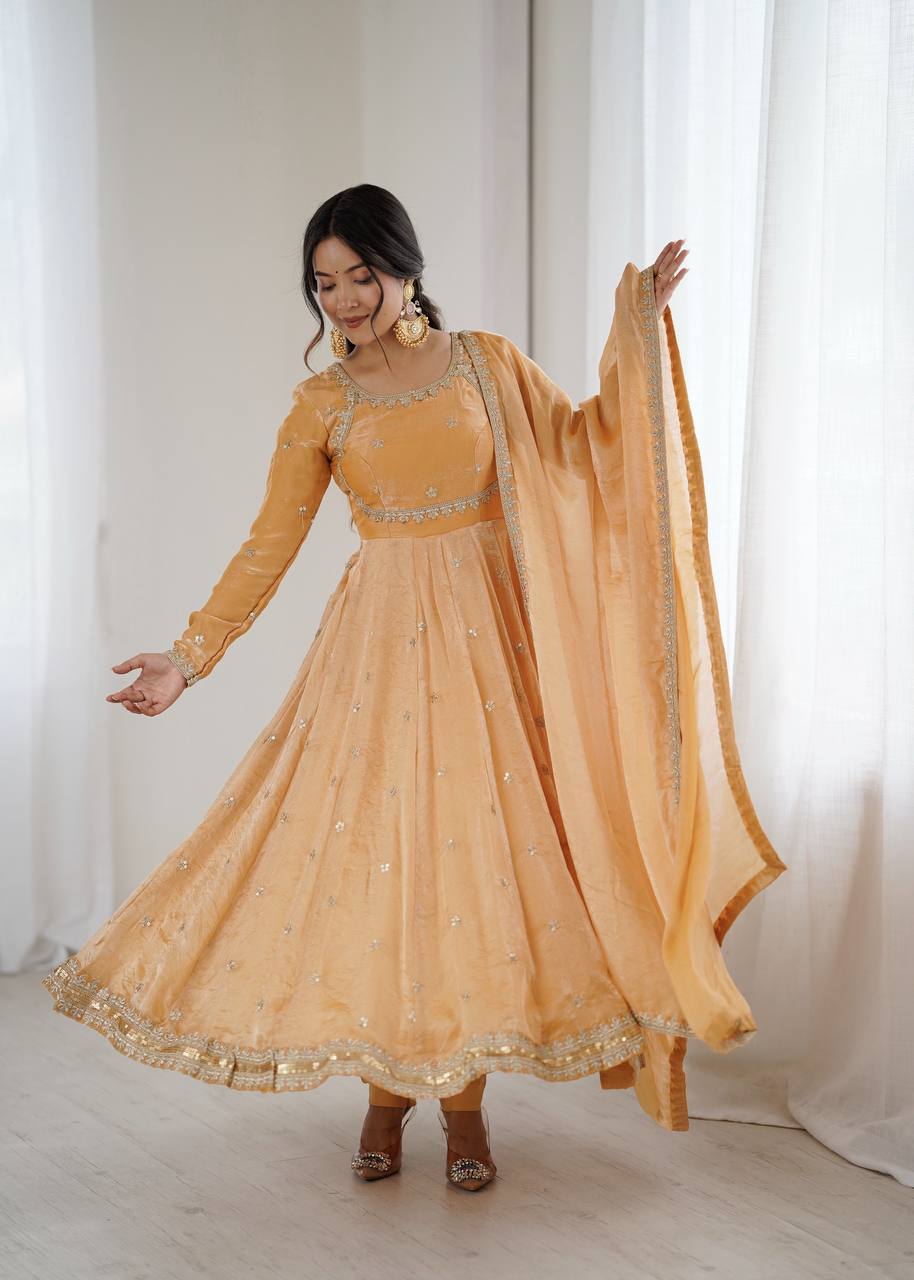 Prazu Fashion Light Golden Fandy Silk Coding With Sequence Work Wedding Wear Anarkali Suit - Distacart