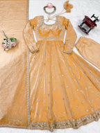 Prazu Fashion Light Golden Fandy Silk Coding With Sequence Work Wedding Wear Anarkali Suit - Distacart