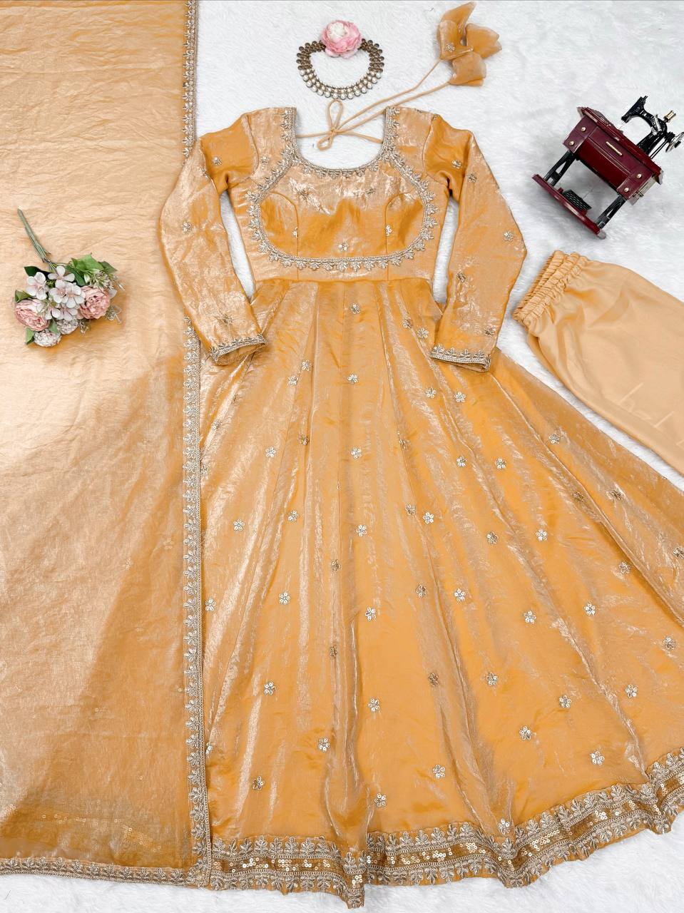 Prazu Fashion Light Golden Fandy Silk Coding With Sequence Work Wedding Wear Anarkali Suit - Distacart