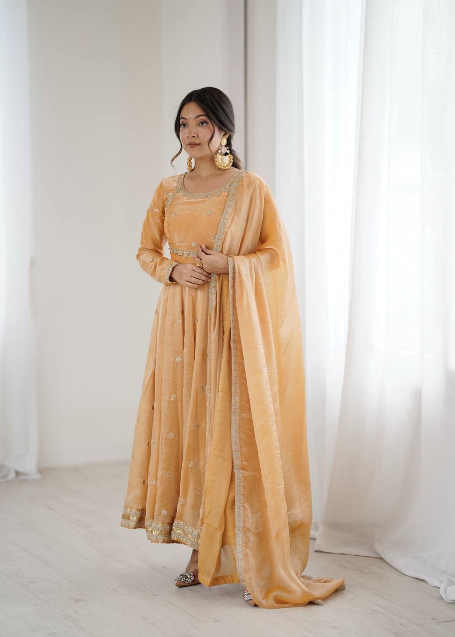 Prazu Fashion Light Golden Fandy Silk Coding With Sequence Work Wedding Wear Anarkali Suit - Distacart