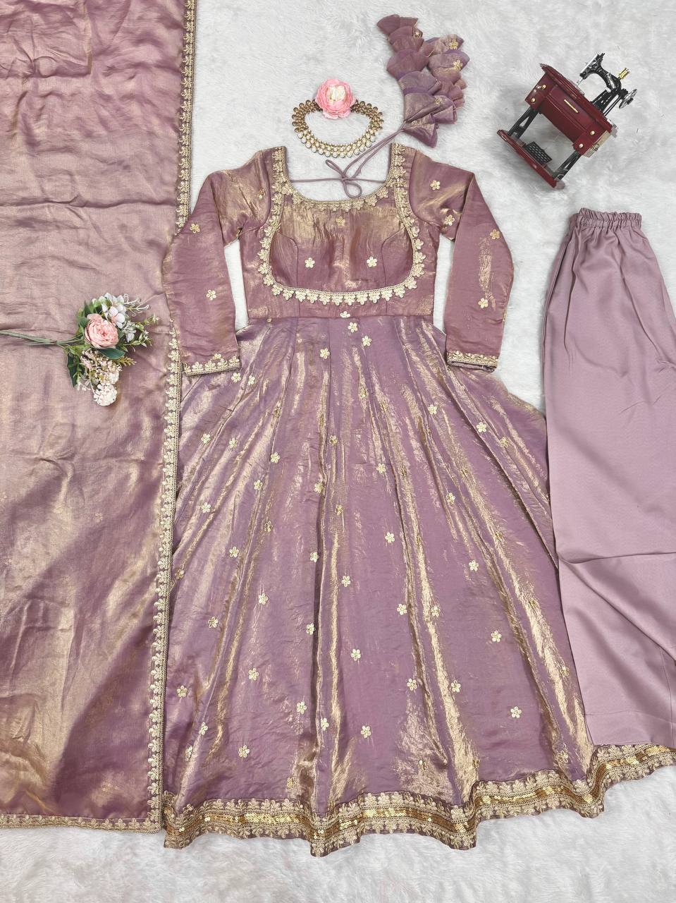Prazu Fashion Light Onion Pink Fandy Silk Coding With Sequence Work Wedding Wear Anarkali Suit - Distacart