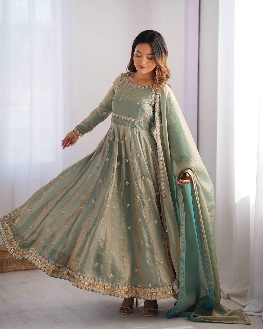 Prazu Fashion Olive Green Fandy Silk Coding With Sequence Work Wedding Wear Anarkali Suit - Distacart