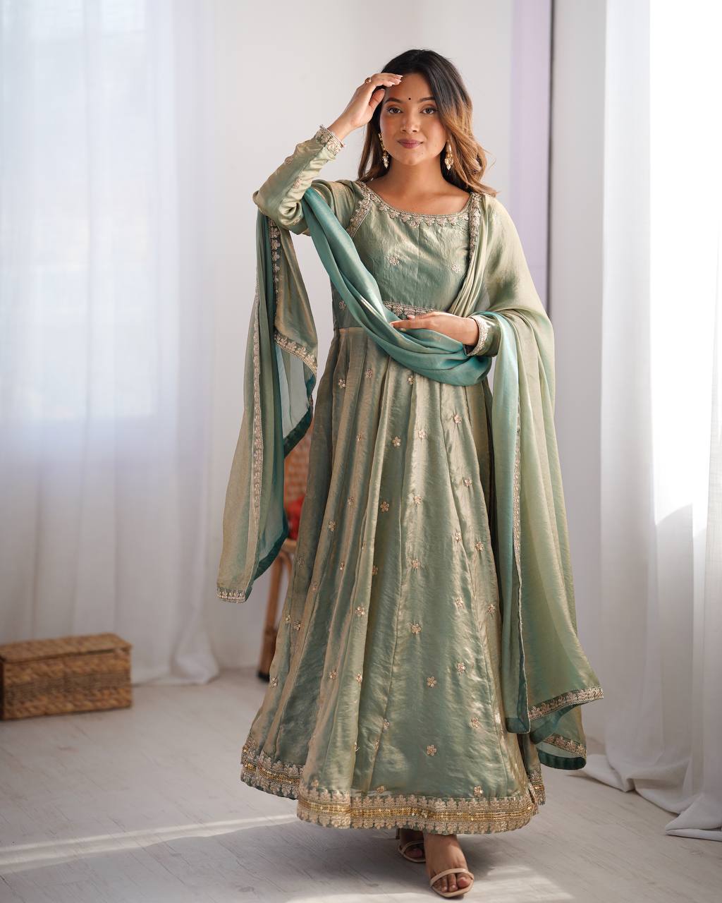 Prazu Fashion Olive Green Fandy Silk Coding With Sequence Work Wedding Wear Anarkali Suit - Distacart