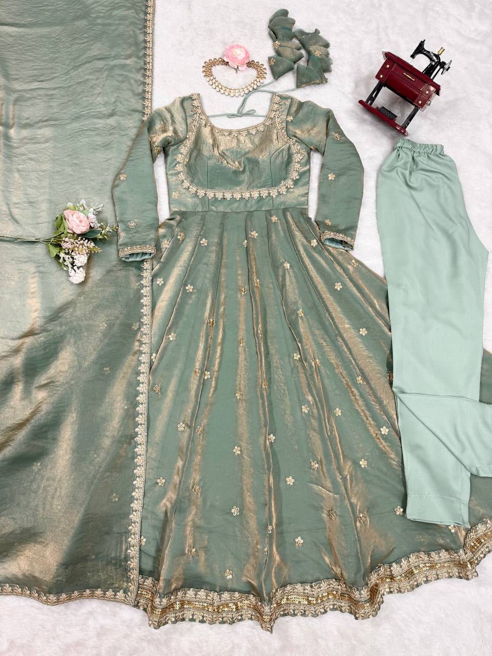 Prazu Fashion Olive Green Fandy Silk Coding With Sequence Work Wedding Wear Anarkali Suit - Distacart