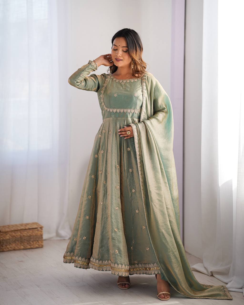 Prazu Fashion Olive Green Fandy Silk Coding With Sequence Work Wedding Wear Anarkali Suit - Distacart