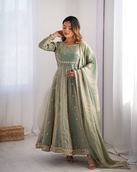 Prazu Fashion Olive Green Fandy Silk Coding With Sequence Work Wedding Wear Anarkali Suit
