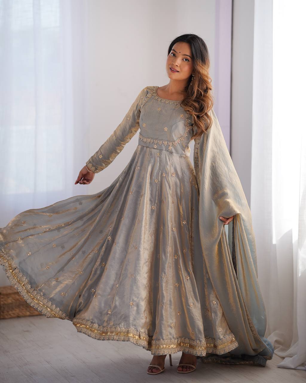 Prazu Fashion Silver Grey Fandy Silk Coding With Sequence Work Wedding Wear Anarkali Suit - Distacart